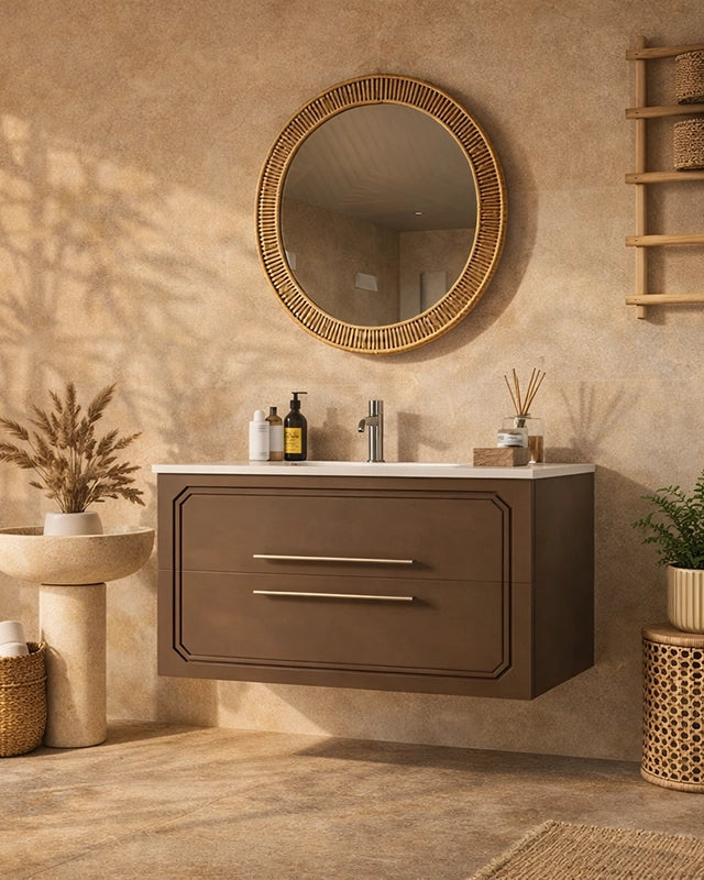 Mobile bagno creta opaco 80x46 Vienna lavabo in ceramica, dettaglio ravvicinato della finitura e del cassetto - Exagonshop
