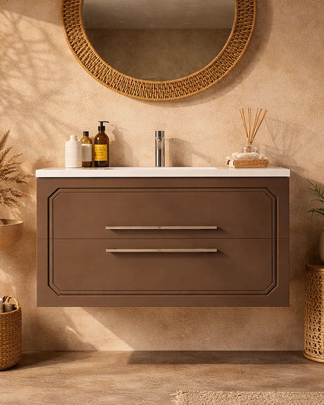Mobile bagno creta opaco 80x46 Vienna lavabo in ceramica in naturale con lavabo e rubinetteria, vista frontale su sfondo...