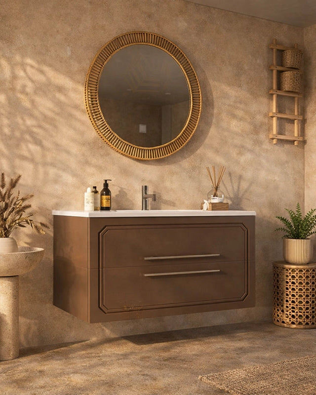 Mobile bagno creta opaco 80x46 Vienna lavabo in ceramica ambientato in bagno moderno con specchio e accessori - Exagonshop