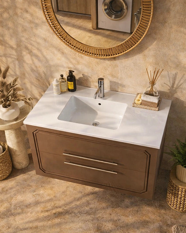 Mobile bagno creta opaco 80x46 Vienna lavabo in ceramica, vista dall'alto del piano con lavabo - Exagonshop