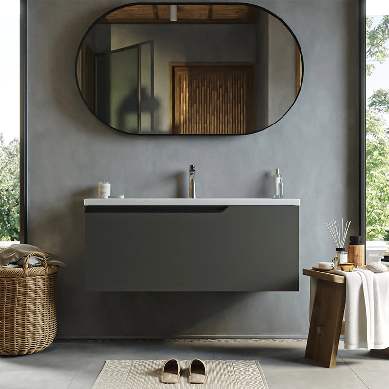 Mobile bagno dark grey 100x45 Modena lavabo in ceramica ambientato in bagno moderno con specchio e accessori - Exagonshop