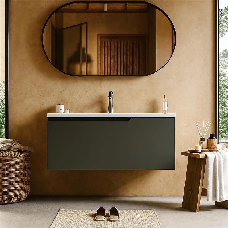 Mobile bagno dark grey 100x45 Modena lavabo in ceramica in opaco con lavabo e rubinetteria, vista frontale su sfondo...