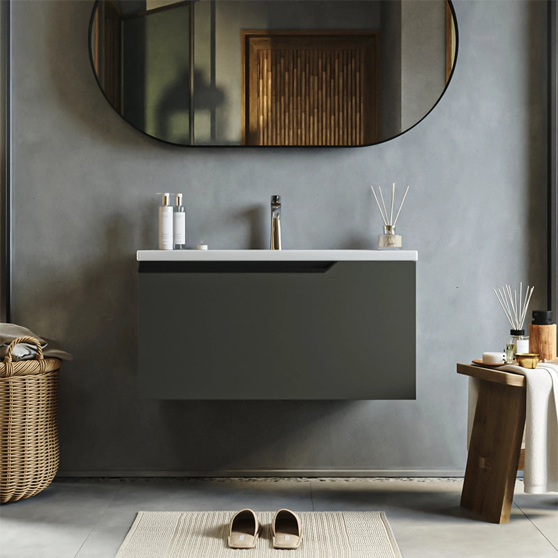 Mobile bagno dark grey 80x45 Modena lavabo in ceramica ambientato in bagno moderno con specchio e accessori - Exagonshop