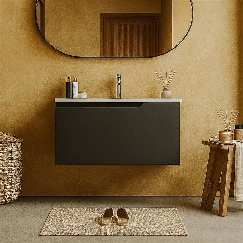 Mobile bagno dark grey 80x45 Modena lavabo in ceramica in opaco con lavabo e rubinetteria, vista frontale su sfondo...