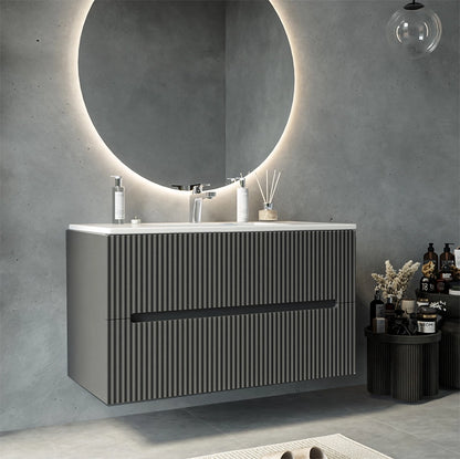 Mobile bagno grigio 100x46 cannettato Urbino 2.0 con lavabo in resina e due cassetti
