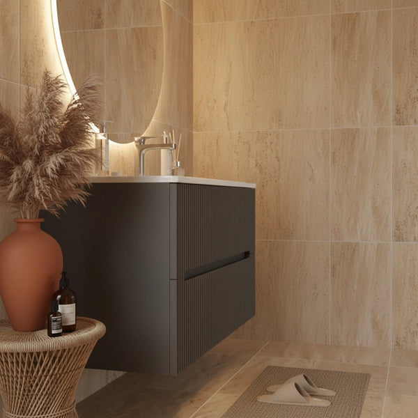 Mobile bagno grigio 100x46 cannettato Urbino 2.0 con lavabo in resina e due cassetti