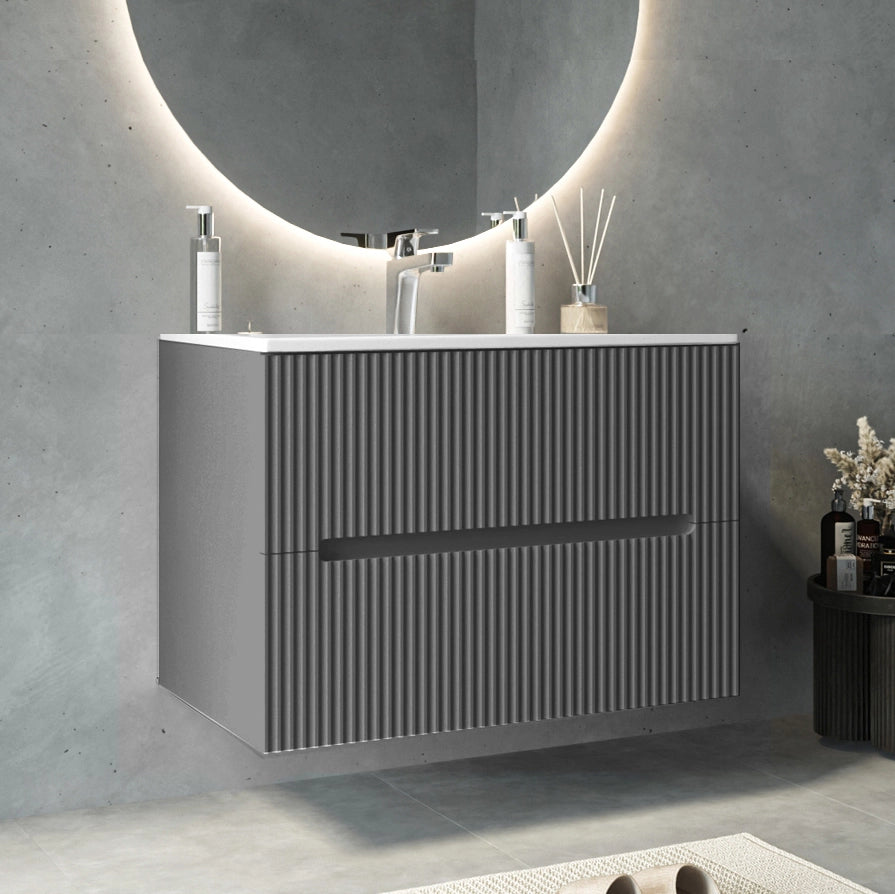 Mobile bagno grigio 80x46 cannettato Urbino 2.0 con lavabo ambientato in bagno moderno con specchio e accessori - Exagonshop