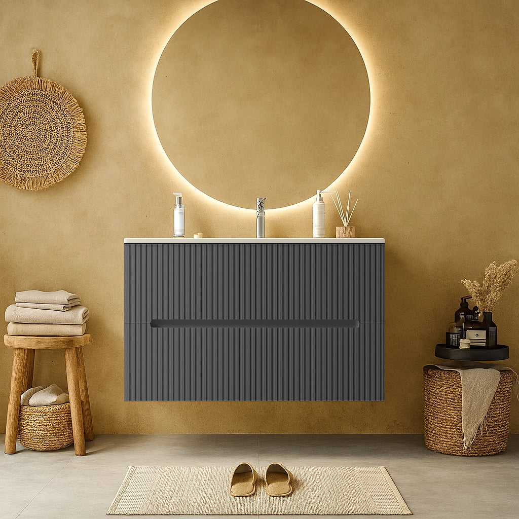 Mobile bagno grigio 80x46 cannettato Urbino 2.0 con lavabo in resina e lucido con lavabo e rubinetteria, vista frontale...