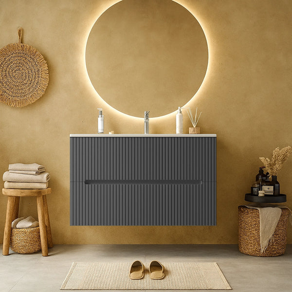 Mobile bagno grigio 80x46 cannettato Urbino 2.0 con lavabo in resina e due cassetti