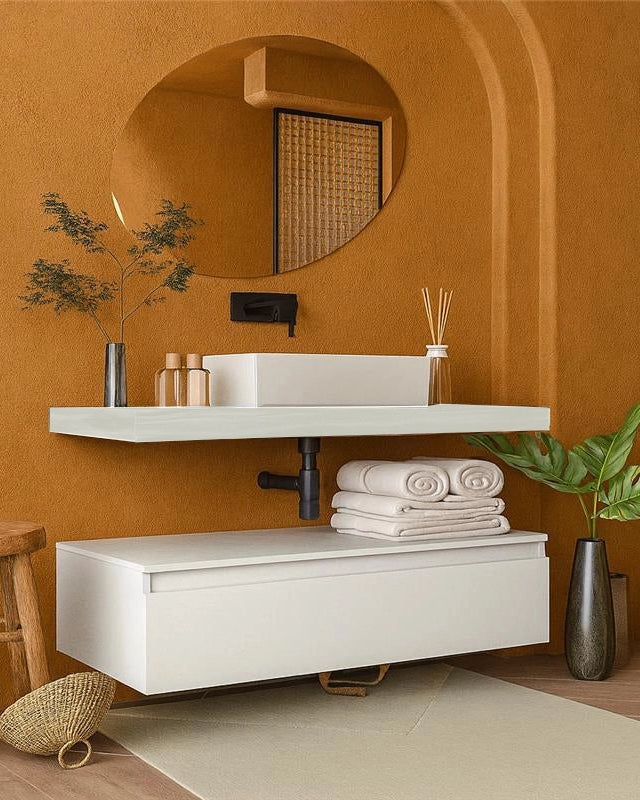 Mobile bagno grigio bianco opaco 120x50 Oasy con top e con lavabo e rubinetteria, vista frontale su sfondo neutro...