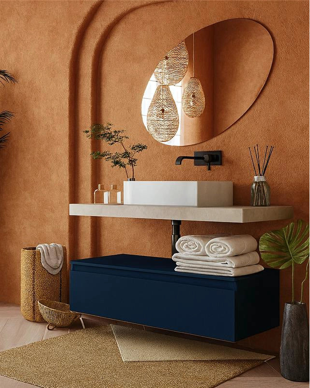 Mobile bagno grigio blu opaco 120x50 Oasy con top e lavabo in ceramica e lucido con lavabo e rubinetteria, vista frontale...