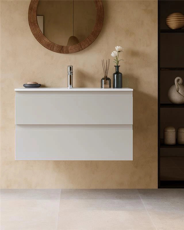 Mobile bagno grigio caldo 90x45 Pesaro lavabo in ceramica in mdf con lavabo e rubinetteria, vista frontale su sfondo...