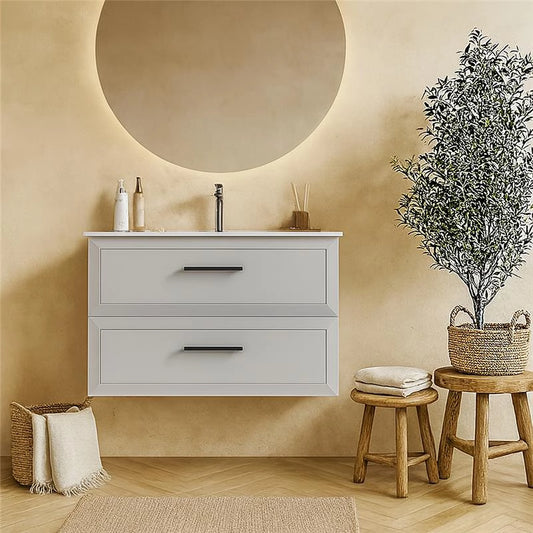 Mobile bagno grigio chiaro 100x45 Praga due cassetti soft close con lavabo in ceramica