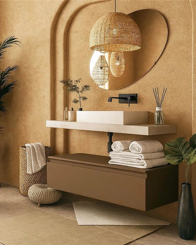 Mobile bagno grigio creta opaco 120x50 Oasy con top e con lavabo e rubinetteria, vista frontale su sfondo neutro - Exagonshop