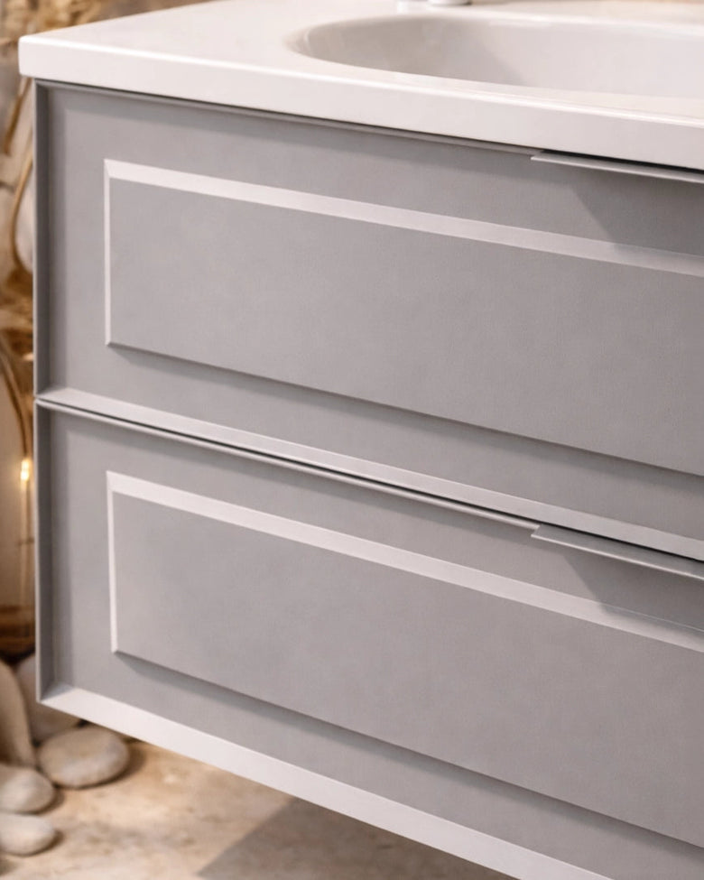 Mobile bagno grigio opaco 102x47 Dublino con lavabo in, dettaglio ravvicinato della finitura e del cassetto - Exagonshop
