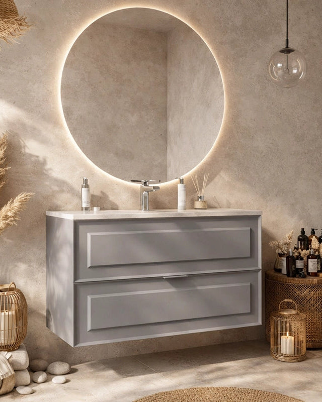 Mobile bagno grigio opaco 102x47 Dublino con lavabo in ambientato in bagno moderno con specchio e accessori - Exagonshop