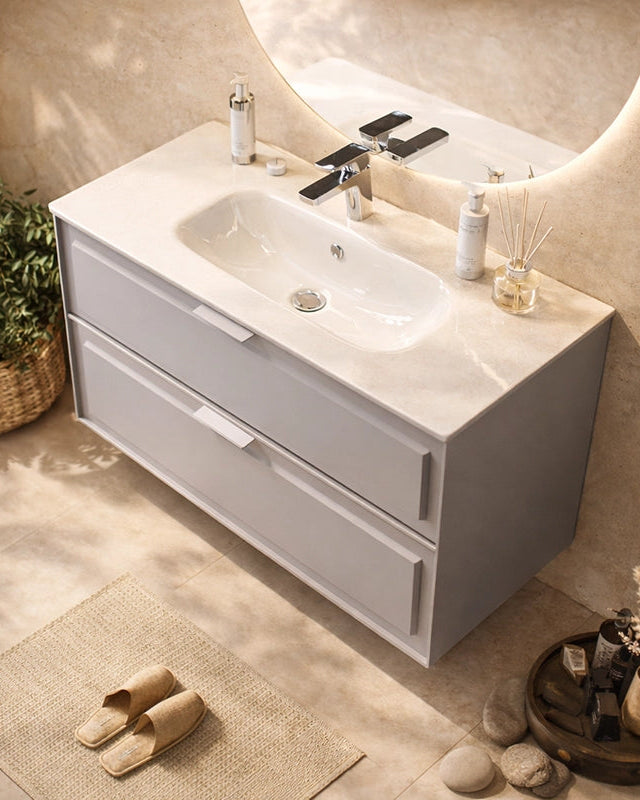 Mobile bagno grigio opaco 102x47 Dublino con lavabo in, vista dall'alto del piano con lavabo - Exagonshop