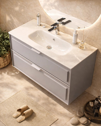 Mobile bagno grigio opaco 82x47 Dublino con lavabo in, vista dall'alto del piano con lavabo - Exagonshop