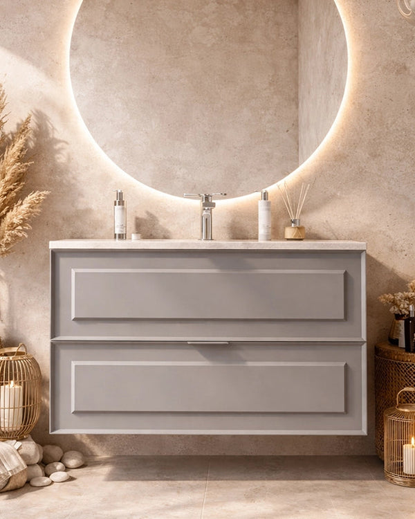 Mobile bagno grigio opaco 82x47 Dublino con lavabo in in ceramica e strutturato con lavabo e rubinetteria, vista frontale...