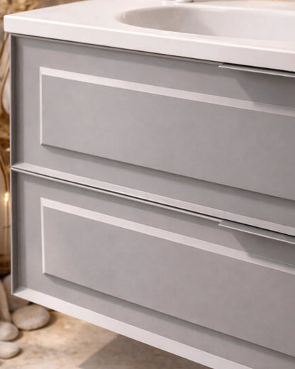 Mobile bagno grigio opaco 82x47 Dublino con lavabo in, dettaglio ravvicinato della finitura e del cassetto - Exagonshop
