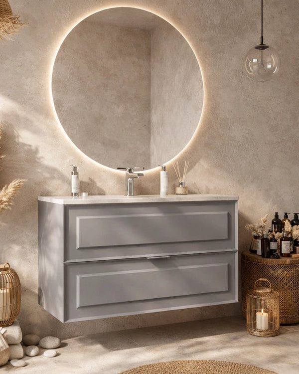Mobile bagno grigio opaco 82x47 Dublino con lavabo in ambientato in bagno moderno con specchio e accessori - Exagonshop