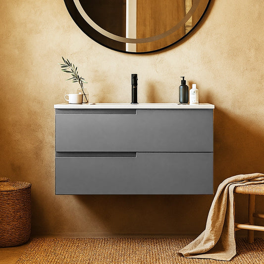 Mobile bagno grigio opaco 90x46 Sorrento maniglia sinistra e lavabo in ceramica