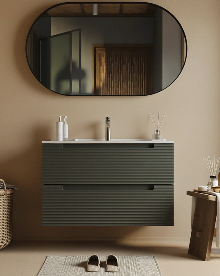 Mobile bagno grigio scuro 100x45 Mango con lavabo in Dark Grey in ceramica con lavabo e rubinetteria, vista frontale su...