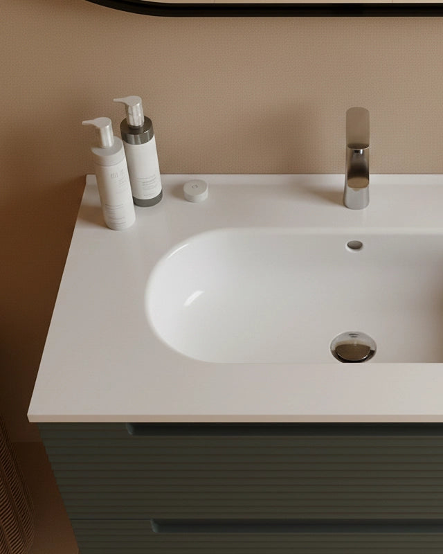 Mobile bagno grigio scuro 100x45 Mango con lavabo in Dark Grey, dettaglio ravvicinato della finitura e del cassetto...