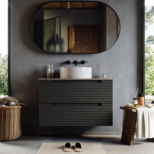 Mobile bagno grigio scuro 100x45 Mango soft close con top quercia e lavabo tondo da appoggio in ceramica lucida