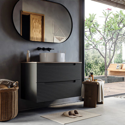 Mobile bagno grigio scuro 100x45 Mango soft close con top quercia e lavabo tondo da appoggio in ceramica lucida