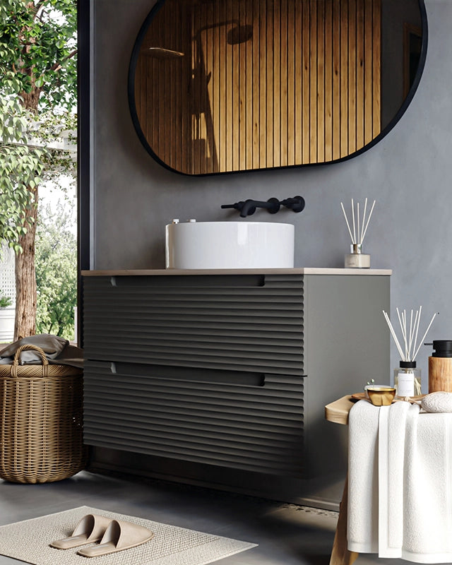 Mobile bagno grigio scuro 100x45 Mango top quercia e lavabo, vista laterale della struttura sospesa - Exagonshop