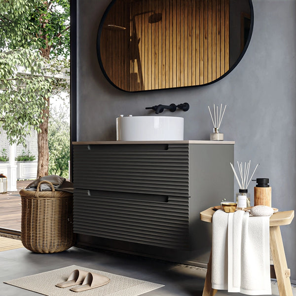 Mobile bagno grigio scuro 100x45 Mango soft close con top quercia e lavabo tondo da appoggio in ceramica lucida