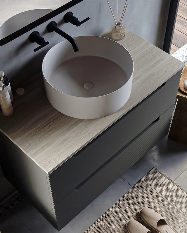 Mobile bagno grigio scuro 100x45 Mango top quercia e lavabo, dettaglio ravvicinato della finitura e del cassetto - Exagonshop