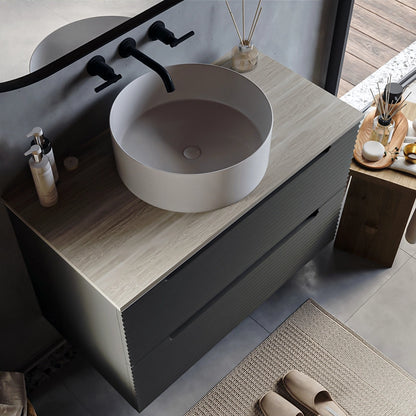 Mobile bagno grigio scuro 100x45 Mango soft close con top quercia e lavabo tondo da appoggio in ceramica lucida