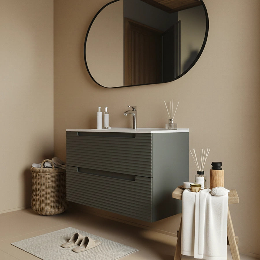 Mobile bagno grigio scuro 80x45 Mango con lavabo in ambientato in bagno moderno con specchio e accessori - Exagonshop