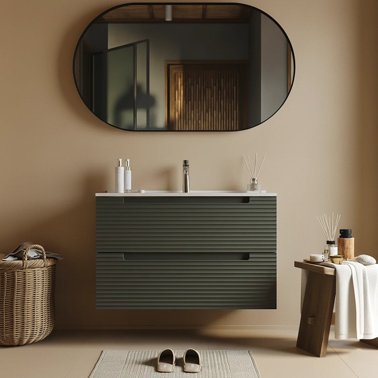 Mobile bagno grigio scuro 80x45 Mango con lavabo in in ceramica con lavabo e rubinetteria, vista frontale su sfondo...