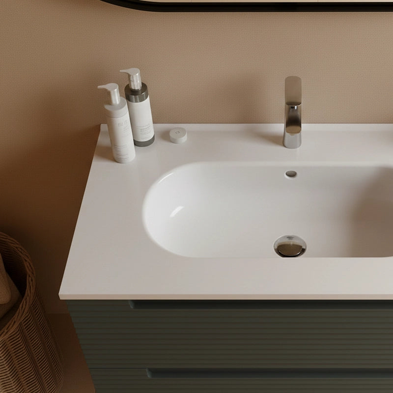 Mobile bagno grigio scuro 80x45 Mango con lavabo in, dettaglio ravvicinato della finitura e del cassetto - Exagonshop