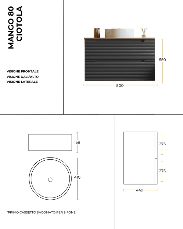 Mobile bagno grigio scuro 80x45 Mango lavabo tondo da appoggio in ceramica lucida
