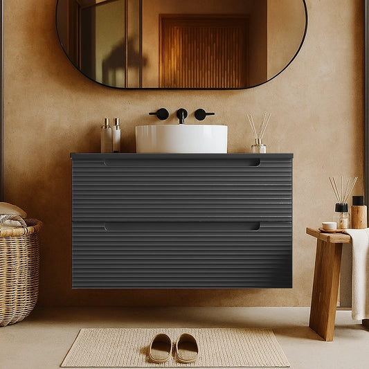 Mobile bagno grigio scuro 80x45 Mango due cassetti soft close con lavabo tondo da appoggio in ceramica lucida