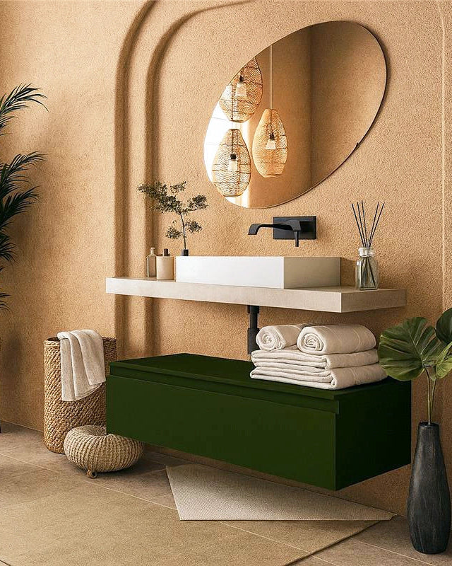 Mobile bagno grigio verde opaco 120x50 Oasy con top e con lavabo e rubinetteria, vista frontale su sfondo neutro - Exagonshop