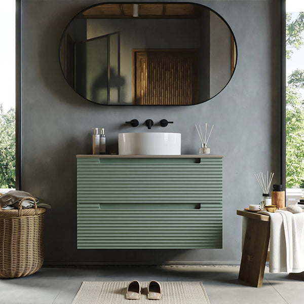Mobile bagno muschio 100x45 Mango soft close con top quercia e lavabo tondo da appoggio in ceramica lucida