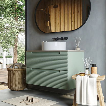 Mobile bagno muschio 100x45 Mango soft close con top quercia e lavabo tondo da appoggio in ceramica lucida