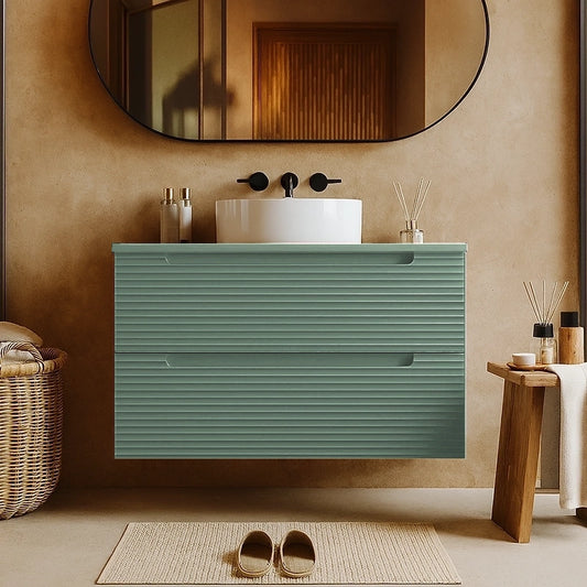 Mobile bagno muschio 80x45 Mango due cassetti soft close con lavabo tondo da appoggio in ceramica lucida