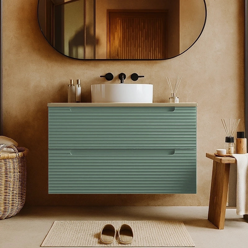 Mobile bagno muschio 100x45 Mango soft close con top quercia e lavabo tondo da appoggio in ceramica lucida