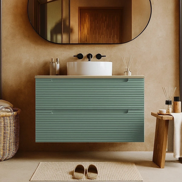 Mobile bagno muschio 100x45 Mango soft close con top quercia e lavabo tondo da appoggio in ceramica lucida