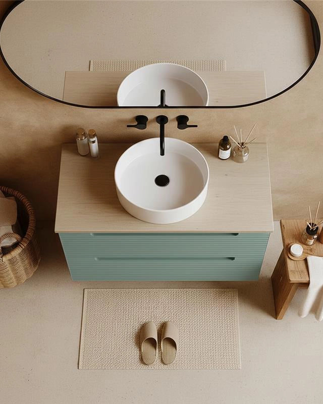 Mobile bagno muschio 100x45 Mango top quercia e lavabo da Musk, vista dall'alto del piano con lavabo - Exagonshop
