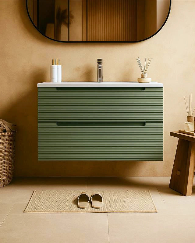 Mobile bagno muschio 80x45 Mango lavabo in ceramica lucida Musk in naturale con lavabo e rubinetteria, vista frontale su...