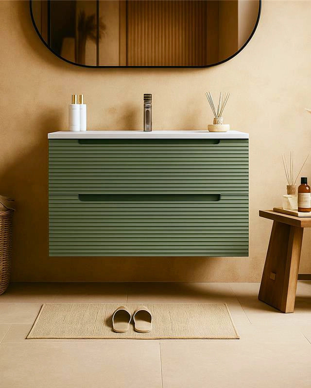 Mobile bagno muschio 100x45 Mango lavabo in ceramica lucida Musk in naturale con lavabo e rubinetteria, vista frontale su...