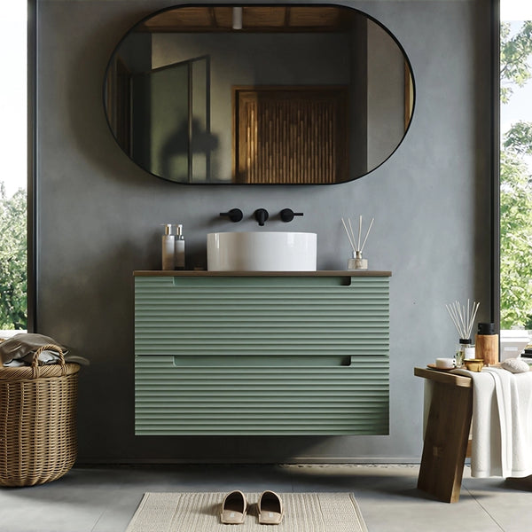 Mobile bagno muschio 80x45 Mango due cassetti soft close con top noce e lavabo tondo da appoggio in ceramica lucida