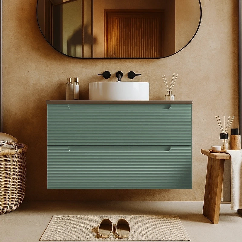 Mobile bagno muschio 80x45 Mango due cassetti soft close con top noce e lavabo tondo da appoggio in ceramica lucida